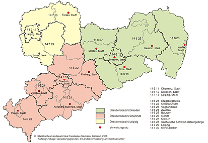 Funktionalreform: Landkreise, kreisfreie Städte mit den zuständigen Verwaltungssitzen und Direktionsbezirke (© Statistisches Landesamt des Freistaates Sachsen)