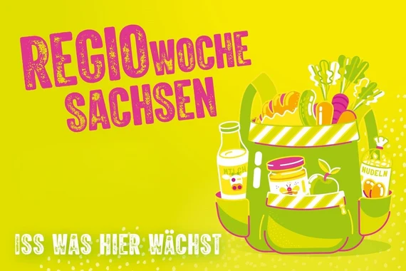 Regio-Woche Sachsen: Illustration von einem Rucksack mit Gemüse, Milch, Honig und anderen Einkäufen, Schriftzug: Regio-Woche Sachsen – iss was hier wächst!